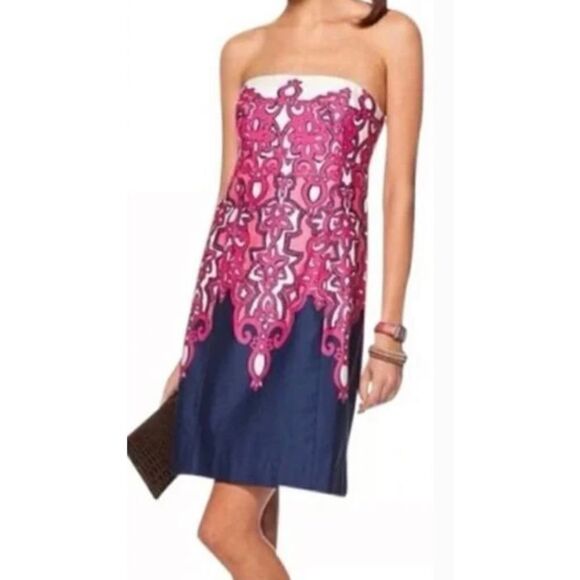 Lilly Pulitzer Bowen Pink & Navy Strapless Dress Size 0 - Picture 1 of 9